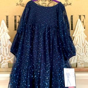 Biscotti Collezione NWT Navy tulle dress with star sequins & long sleeves & sash